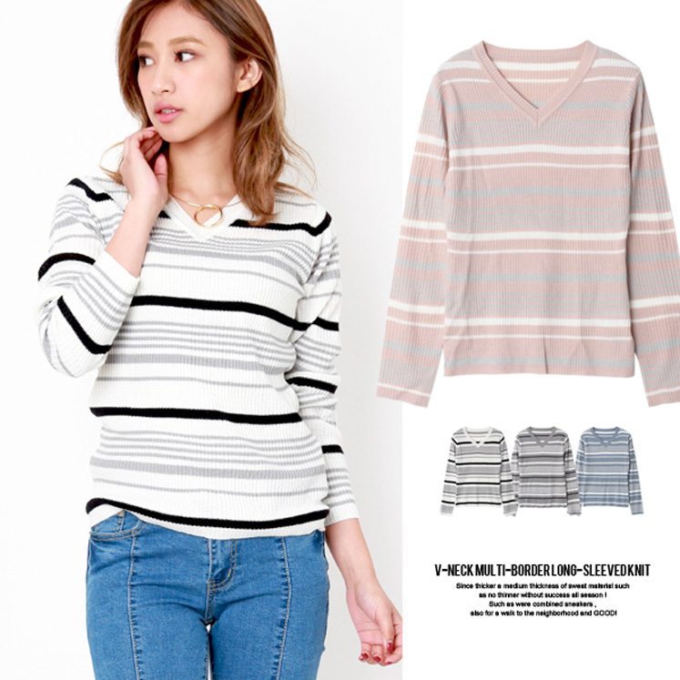 Vネックマルチボーダー長袖ニット