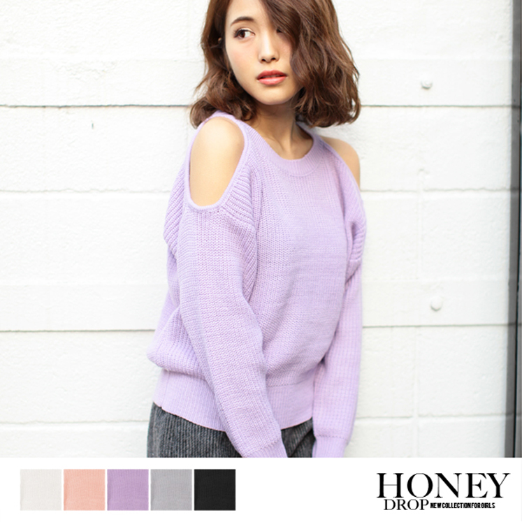 肩出し畦編みニット