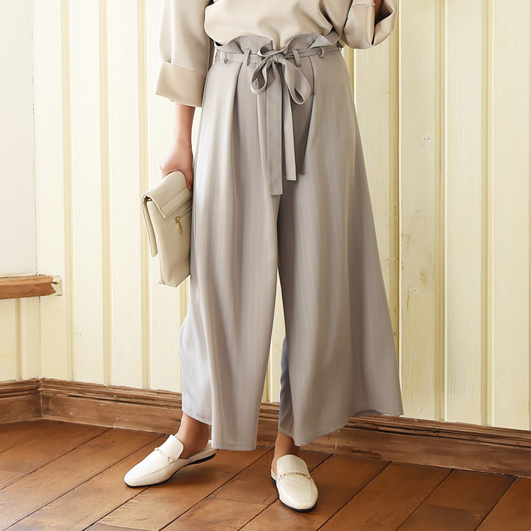 ストライプウエストリボンワイドパンツ