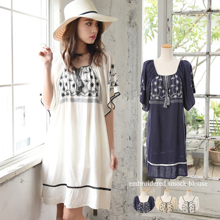フリンジタッセル付刺繍スモックワンピ
