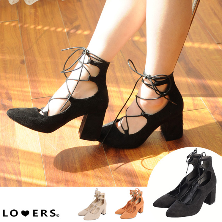 チャンキーヒール編み上げレースアップシューズ