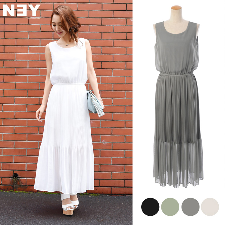 プリーツロング丈ノースリーブワンピース