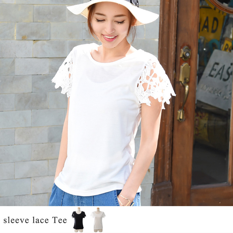 袖切り替え花柄レースTシャツ