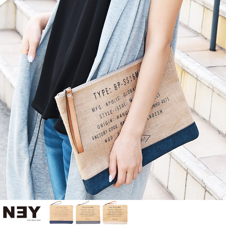 英字プリントジュートクラッチバッグ