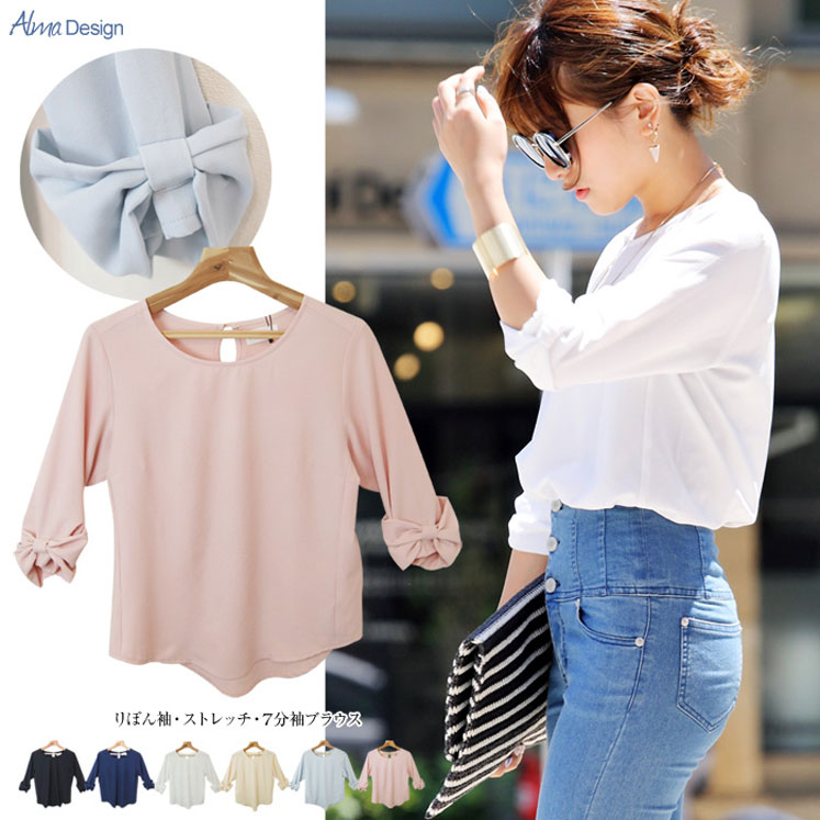 りぼん袖ストレッチ7分丈ブラウス