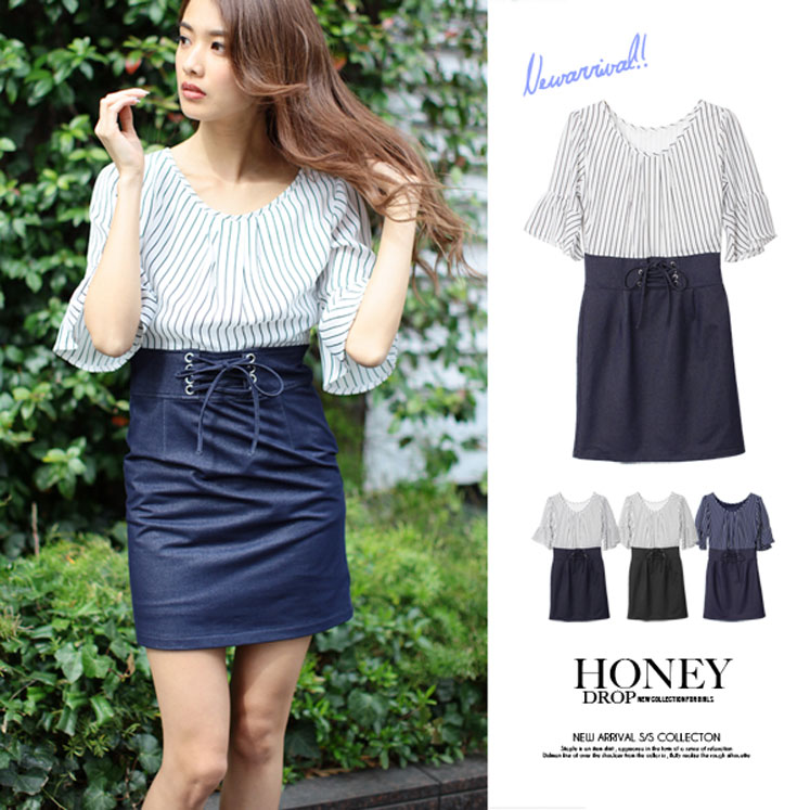 ストライプ&times;カットデニムレースアップワンピース