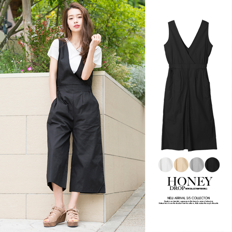 ツイル深Vネックオールインワン/ロンパース