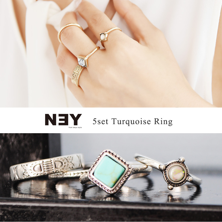 [5本セット]ストーン付きリングセット