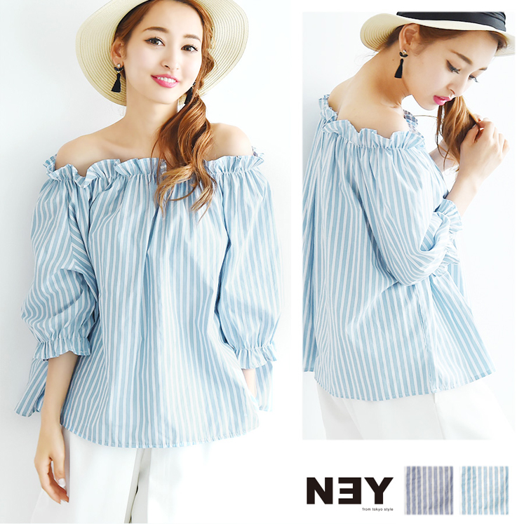 [2WAY]ストライプ柄シャーリングオフショルブラウス