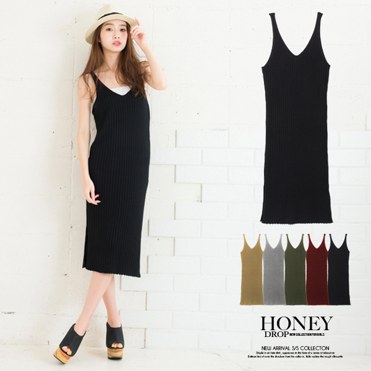 深両Vネックサイドスリットニットワンピース