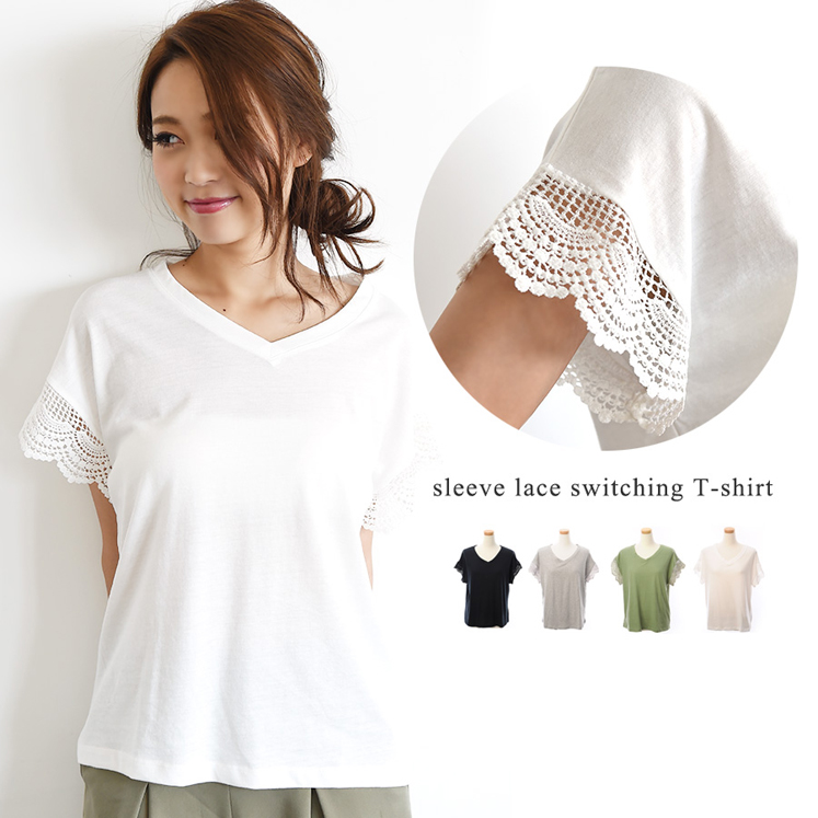 レーススリーブ・VネックTシャツ