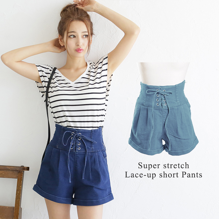 レースアップストレッチデニムショートパンツ
