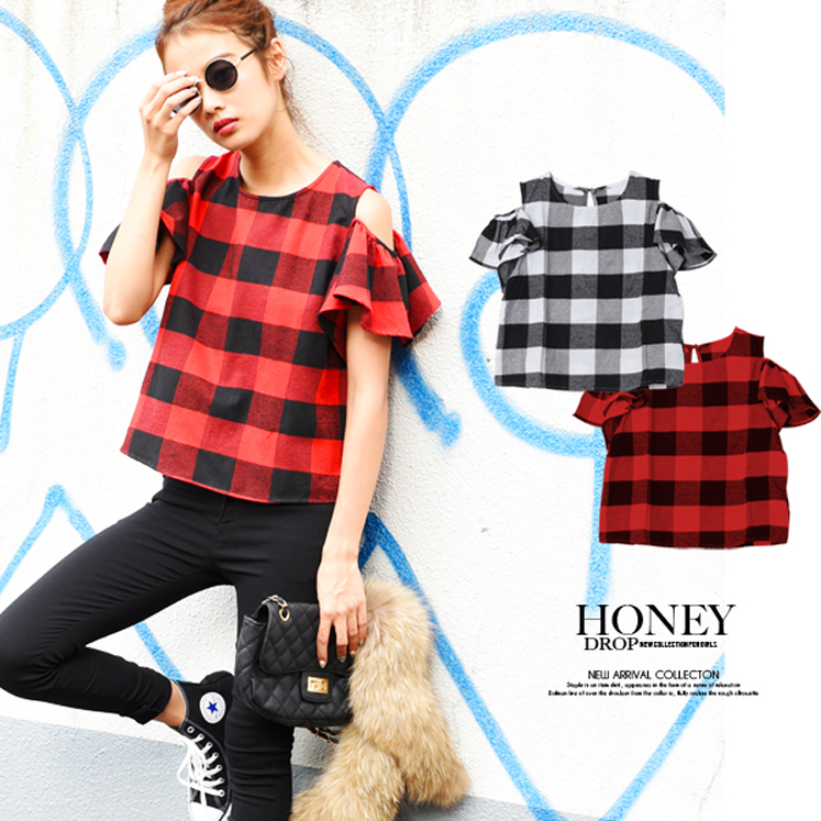 ブロックチェック柄肩開きフレアトップス