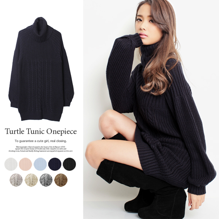 オフタートルケーブルニットチュニック