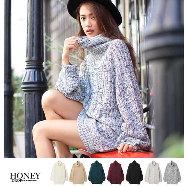 オフタートルケーブル切り替えニットワンピース