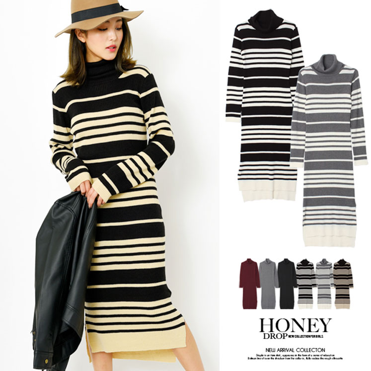 オフタートルリブニットスリットワンピース