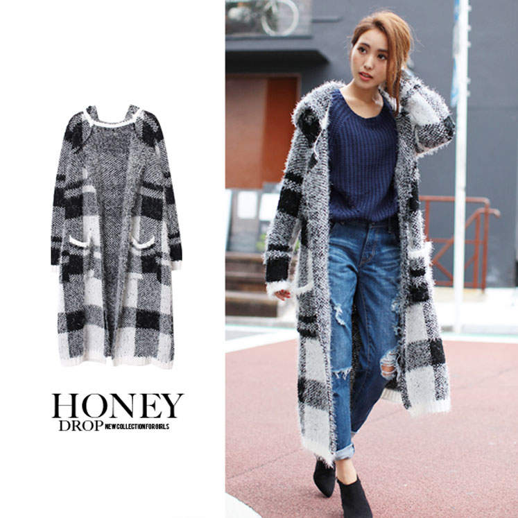 チェックシャギーロングコート