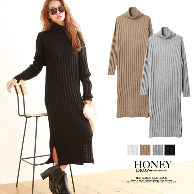 ドロップショルダー太リブハイネックロングワンピース