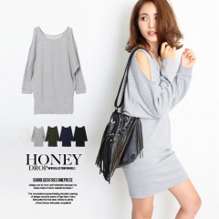 肩空きガーゼ裏毛ドルマンワンピース