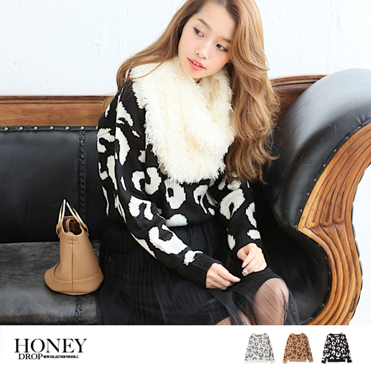 ヒョウ柄モヘアタッチニット