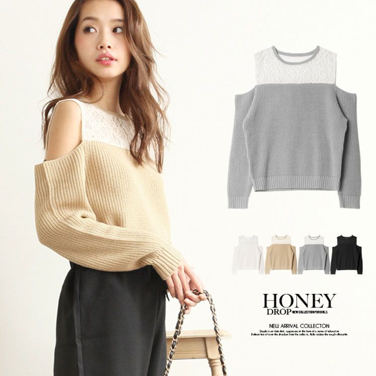 レース切り替え肩空きニットトップス