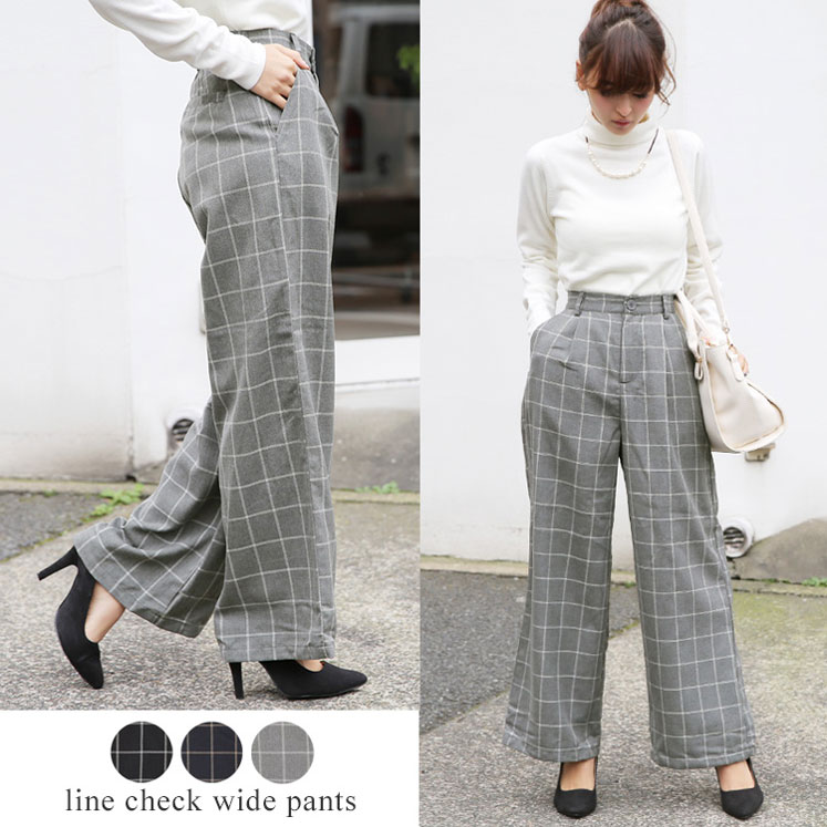 グラフチェック柄タック入りワイドパンツ