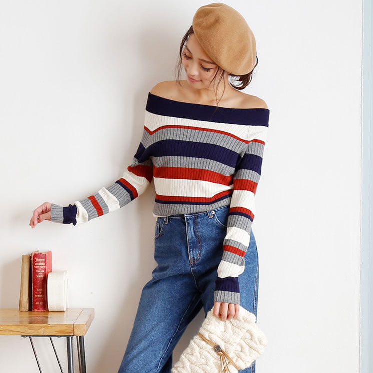 [2way]マルチボーダー柄・オフショルニットトップス