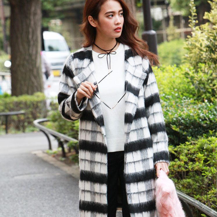 シャギーチェックノーカラーコート