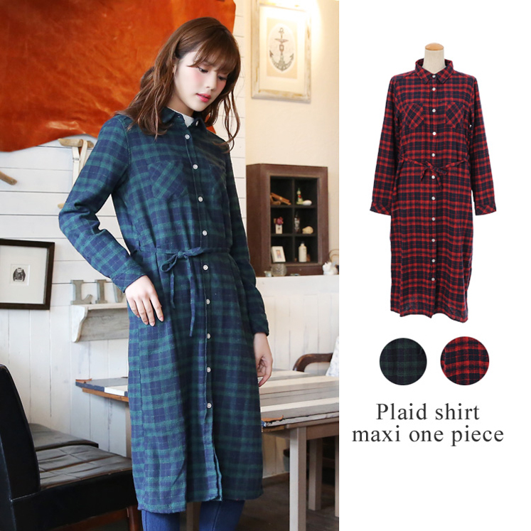 ロング丈チェックシャツワンピース