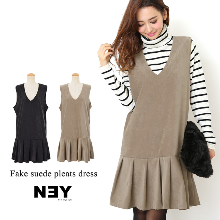 フェイクスエードプリーツワンピ