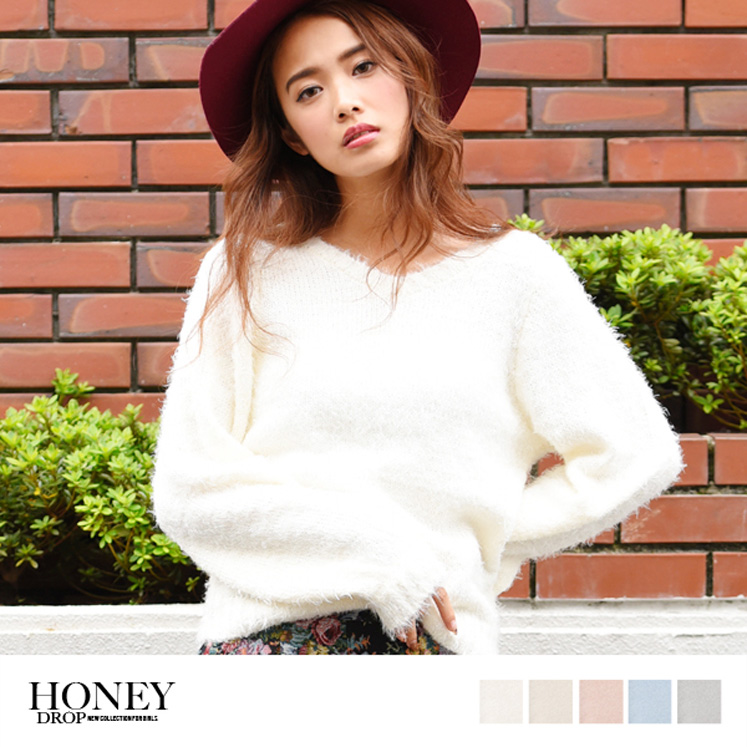 ボリュームスリーブシャギーVネックニット